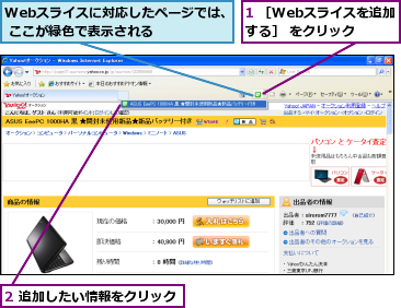 1 ［Webスライスを追加する］ をクリック,2 追加したい情報をクリック,Webスライスに対応したページでは、 ここが緑色で表示される    