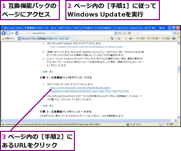 1 互換機能パックのページにアクセス　　,2 ページ内の［手順1］に従ってWindows Updateを実行,3 ページ内の［手順2］にあるURLをクリック