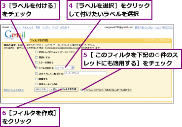 3［ラベルを付ける］をチェック    ,4［ラベルを選択］をクリックして付けたいラベルを選択  ,5［ このフィルタを下記の○件のスレッドにも適用する］をチェック  ,6［フィルタを作成］をクリック    