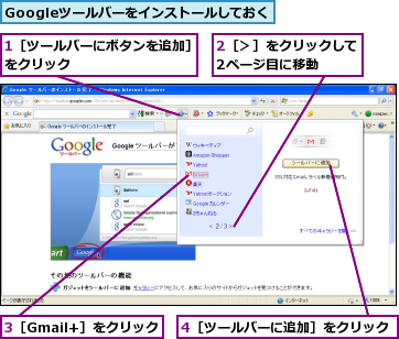 1［ツールバーにボタンを追加］をクリック          ,2［＞］をクリックして2ページ目に移動  ,3［Gmail+］をクリック,4［ツールバーに追加］をクリック,Googleツールバーをインストールしておく