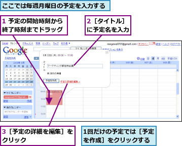 1 予定の開始時刻から終了時刻までドラッグ,1回だけの予定では［予定を作成］をクリックする,2［タイトル］に予定名を入力,3［予定の詳細を編集］をクリック       ,ここでは毎週月曜日の予定を入力する