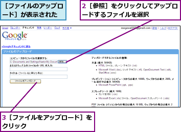 2［参照］をクリックしてアップロードするファイルを選択    ,3［ファイルをアップロード］をクリック          ,［ファイルのアップロード］が表示された 