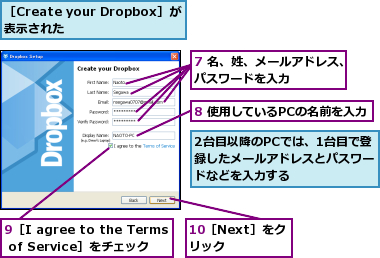2台目以降のPCでは、1台目で登録したメールアドレスとパスワードなどを入力する,7 名、姓、メールアドレス、パスワードを入力     ,8 使用しているPCの名前を入力,9［I agree to the Terms of Service］をチェック,［Create your Dropbox］が表示された     