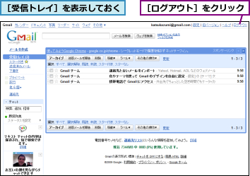［ログアウト］をクリック,［受信トレイ］を表示しておく