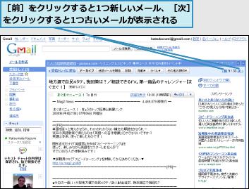 ［前］をクリックすると1つ新しいメール、［次］をクリックすると1つ古いメールが表示される  