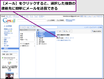 ［メール］をクリックすると、選択した複数の連絡先に簡単にメールを送信できる    