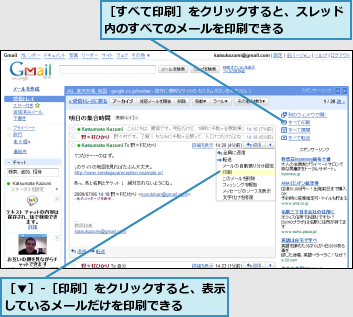 ［▼］‐［印刷］をクリックすると、表示しているメールだけを印刷できる    ,［すべて印刷］をクリックすると、スレッド内のすべてのメールを印刷できる    