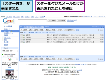 スターを付けたメールだけが表示されたことを確認　　,［スター付き］が表示された　　　