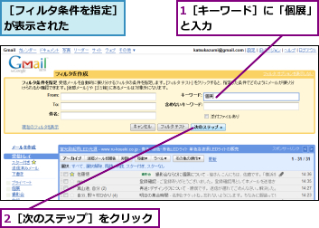 1［キーワード］に「個展」と入力　　　　　　　　　,2［次のステップ］をクリック,［フィルタ条件を指定］が表示された　　　　　