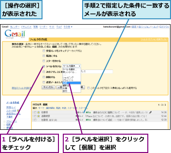 1［ラベルを付ける］をチェック　　　　,2［ラベルを選択］をクリックして［個展］を選択　　　　　,手順2で指定した条件に一致するメールが表示される　　　　　,［操作の選択］が表示された
