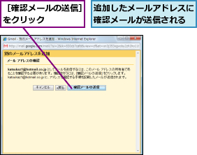 追加したメールアドレスに確認メールが送信される,［確認メールの送信］をクリック　　　　