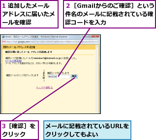 1 追加したメールアドレスに届いたメールを確認　　,3［確認］をクリック　　,メールに記載されているURLをクリックしてもよい　　　　,２［Gmailからのご確認］という件名のメールに記載されている確認コードを入力