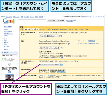 場合によっては［アカウント］を表示しておく,場合によっては［メールアカウントを追加］をクリックする,［POP3のメールアカウントを追加］をクリック    ,［設定］の［アカウントとインポート］を表示しておく