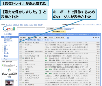 キーボードで操作するためのカーソルが表示された,［受信トレイ］が表示された,［設定を保存しました。］と表示された       