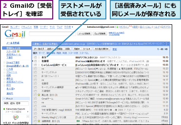 テストメールが受信されている,２ Gmailの［受信トレイ］を確認,［送信済みメール］にも同じメールが保存される