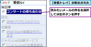 読みたいメールの件名を選択して決定ボタンを押す  ,［受信トレイ］が表示された