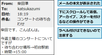 メールの本文が表示された,ラベル付けはできないので注意する        ,下にスクロールして返信、アーカイブ、スターを付けるなどの操作ができる
