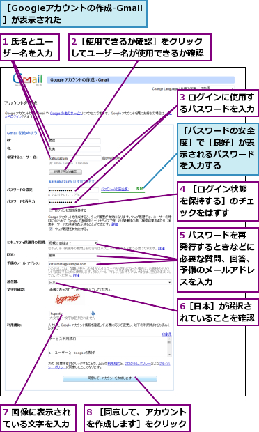 1 氏名とユーザー名を入力,2［使用できるか確認］をクリックしてユーザー名が使用できるか確認,3 ログインに使用するパスワードを入力,4 ［ログイン状態を保持する］のチェックをはずす,5 パスワードを再発行するときなどに必要な質問、回答、予備のメールアドレスを入力,6［日本］が選択されていることを確認,7 画像に表示されている文字を入力,8 ［同意して、アカウントを作成します］をクリック,［Googleアカウントの作成‐Gmail］が表示された,［パスワードの安全度］で［良好］が表示されるパスワードを入力する