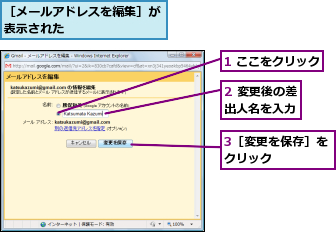 1 ここをクリック,2 変更後の差出人名を入力,3［変更を保存］をクリック    ,［メールアドレスを編集］が表示された       