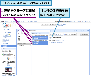 1 連絡先グループに追加したい連絡先をチェック,［○件の連絡先を選択］が表示された,［すべての連絡先］を表示しておく  