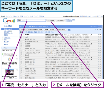1「写真　セミナー」と入力,2［メールを検索］をクリック,ここでは「写真」「セミナー」という2つのキーワードを含むメールを検索する    