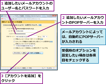 1 追加したいメールアカウントのユーザー名とパスワードを入力  ,3［アカウントを追加］をクリック       ,メールアカウントによっては、自動的にPOPサーバーが入力される,受信時のオプションを設定したい場合は各項目をチェックする,２ 追加したいメールアカウントのPOPサーバーを入力