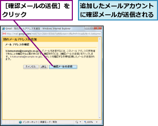 追加したメールアカウントに確認メールが送信される,［確認メールの送信］をクリック      