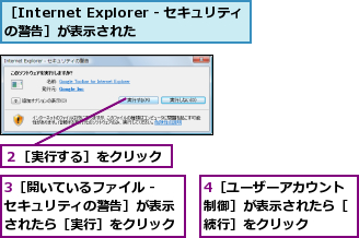 3［開いているファイル -セキュリティの警告］が表示されたら［実行］をクリック,4［ユーザーアカウント制御］が表示されたら［続行］をクリック,２［実行する］をクリック,［Internet Explorer - セキュリティの警告］が表示された