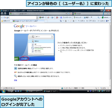 Googleアカウントへのログインが完了した,アイコンが緑色の［（ユーザー名）］に変わった