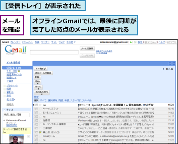 オフラインGmailでは、最後に同期が完了した時点のメールが表示される,メールを確認,［受信トレイ］が表示された
