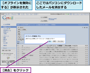 ここではパソコンにダウンロードしたメールを消去する    ,［オフラインを無効にする］が表示された,［消去］をクリック