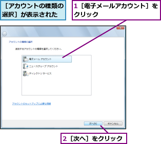 1［電子メールアカウント］をクリック         ,2［次へ］をクリック,［アカウントの種類の選択］が表示された