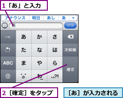 1「あ」と入力,2［確定］をタップ,［あ］が入力される