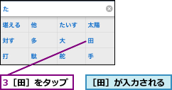 3［田］をタップ,［田］が入力される