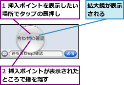 1 挿入ポイントを表示したい場所でタップの長押し    ,2 挿入ポイントが表示されたところで指を離す      ,拡大鏡が表示される  
