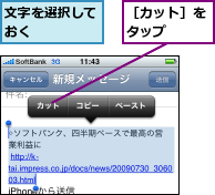 文字を選択しておく    ,［カット］をタップ  