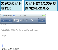 カットされた文字が画面から消える  ,文字がカットされた  