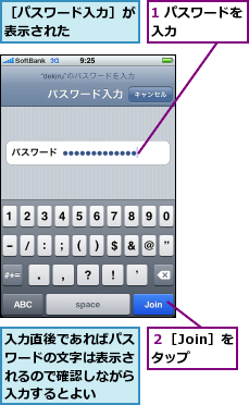 1 パスワードを入力     ,入力直後であればパスワードの文字は表示されるので確認しながら入力するとよい,２［Join］をタップ,［パスワード入力］が表示された    