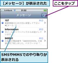 SMSやMMSでのやり取りが表示される     ,ここをタップ,［メッセージ］が表示された