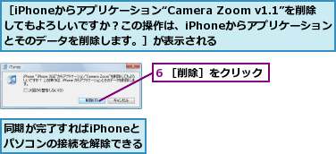 6 ［削除］をクリック,同期が完了すればiPhoneとパソコンの接続を解除できる　　　,［iPhoneからアプリケーション