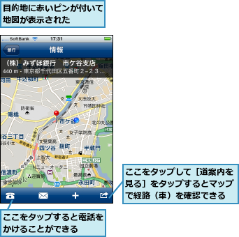 ここをタップして［道案内を見る］をタップするとマップで経路（車）を確認できる,ここをタップすると電話をかけることができる　　,目的地に赤いピンが付いて地図が表示された　　　