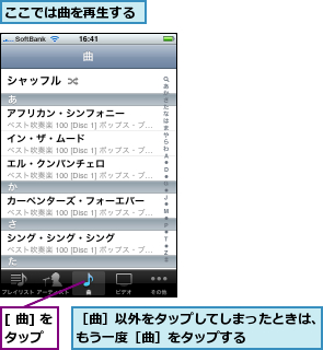[ 曲] をタップ  ,ここでは曲を再生する,［曲］以外をタップしてしまったときは、もう一度［曲］をタップする     