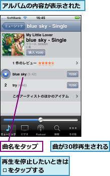 アルバムの内容が表示された,再生を停止したいときは□をタップする    ,曲が30秒再生される,曲名をタップ