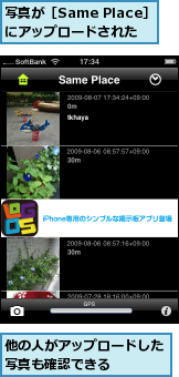 他の人がアップロードした写真も確認できる　　　,写真が［Same Place］にアップロードされた