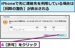 6［許可］をクリック,iPhoneで先に連絡先を利用している場合は［同期の警告］が表示される  