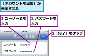1 ユーザー名を入力     ,2 パスワードを入力      ,3［完了］をタップ,［アカウントを追加］が表示された      