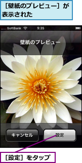 ［壁紙のプレビュー］が表示された     ,［設定］をタップ