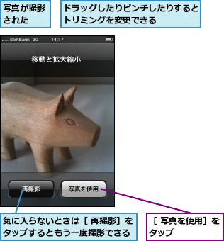 ドラッグしたりピンチしたりするとトリミングを変更できる    ,写真が撮影された  ,気に入らないときは［ 再撮影］をタップするともう一度撮影できる,［ 写真を使用］をタップ     