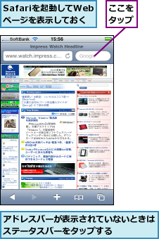 Safariを起動してWebページを表示しておく,ここをタップ,アドレスバーが表示されていないときはステータスバーをタップする    