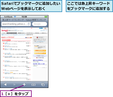1［＋］をタップ,Safariでブックマークに追加したいWebページを表示しておく  ,ここでは急上昇キーワードをブックマークに追加する